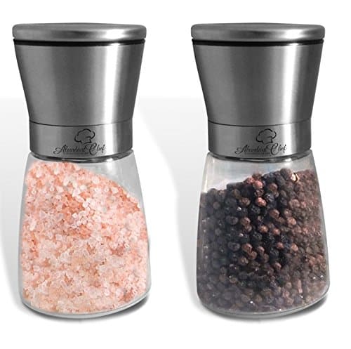 Salt Mill and Pepper Grinder Set by Abundant Chef. Elegant Glass and Stainless Steel Design with Precision Adjustments for Course or Fine Spices