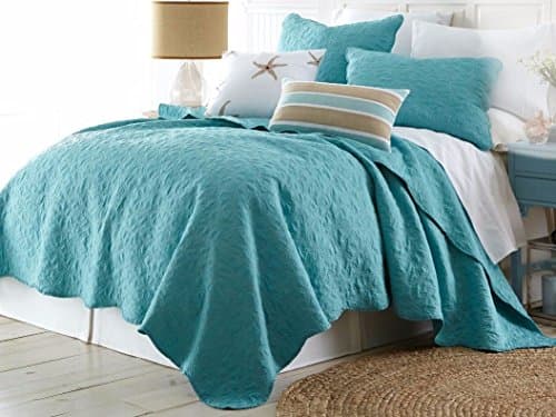 Aqua Blue Coastal Starfish Stitched 3 Piece Full/Queen Size Quilt Set