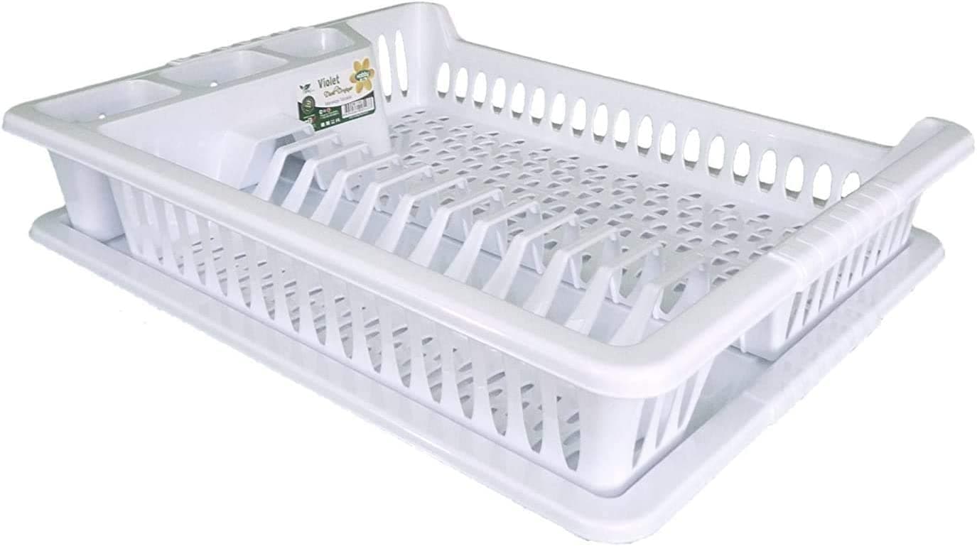 SAFRI White Large Plastic Dish Drainer with Drip Tray, Plate Drying Rack and Cutlery Holder (White Plate Rack)