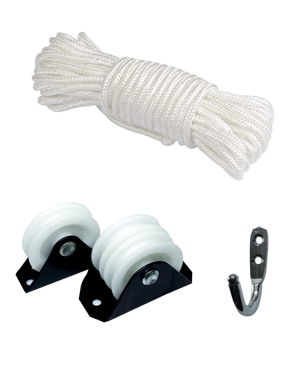 Spare Rope and Pulley-Hook Set for Full Dropdown Ceiling Dryer(30 Feet Polyester Rope + 2 Nylon Pulley)