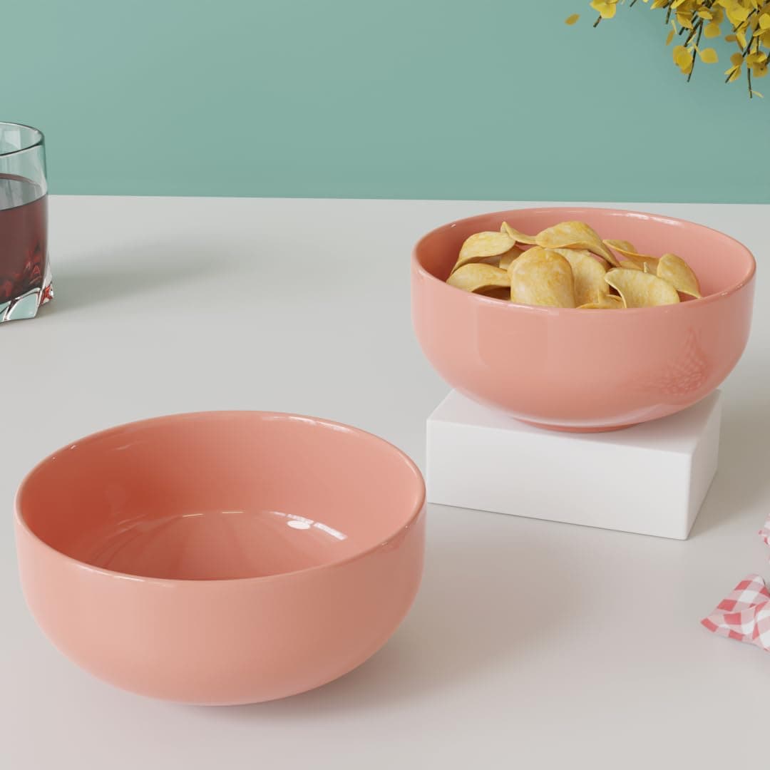 The Earth Store Solid Pink Ceramic Bowl Set of 2, 500ML Each - Multipurpose Snack Bowl, Dishwasher & Microwave Safe Bowl | Perfect of Christmas Gift | New Year Gift | Birthday Gift & Daily Use