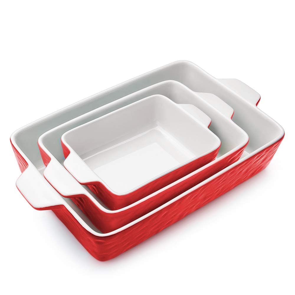 Casserole Dishes for Oven, Ceramic Baking Dishes, Lasagna Pan with Handles, Porcelain Baking Pan Deep, Bakeware for Baking, Cooking, Wedding Gift, Set of 3 (11.6" x 7.8", Red)