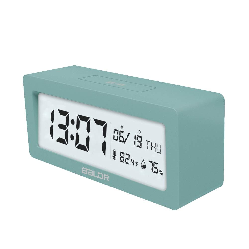 BALDRCompact Digital Alarm Clock with Ultra HD LCD Screen - Clocks for Bedroom, Travel Alarm, Desk Clocks for Office - Battery-Powered, Large Date/Time, Temperature/Humidity Displays (Turquoise)