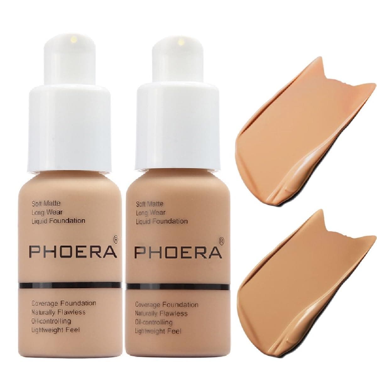 Meifen 2 Pack PHOERA Foundation 104- Buff Beige and 105- Sand, Flawless Soft Matte Liquid Foundation 24 HR Oil Control Concealer Foundation Makeup.