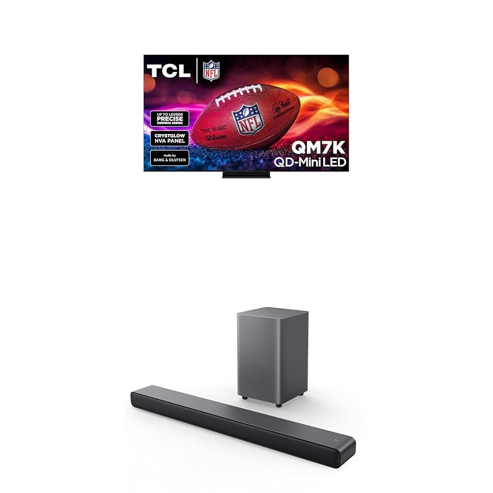 TCL 75-Inch QM7K QLED 4K Smart QD-Mini LED TV with Google TV (75QM7K, 2025 Model) + S55H S Class 2.1 Channel Sound Bar with Dolby Atmos
