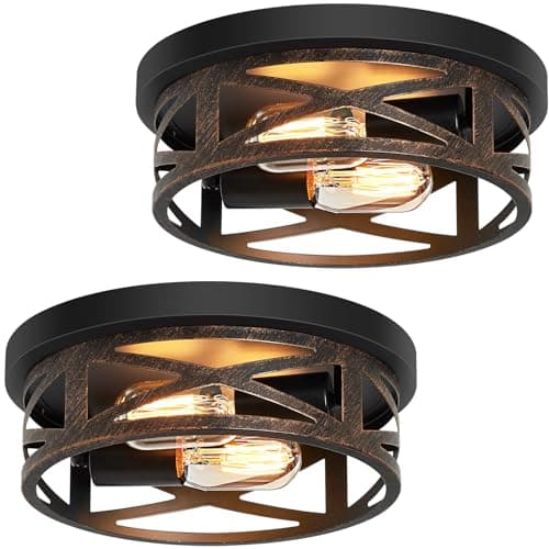 2 Pack Flush Mount Ceiling Light,Farmhouse Hallway Lighting Fixtures Ceiling,Industrial Light Fixtures Ceiling Mount for Kitchen,Entryway,Bedroom,E26 Base, 10in-Rustic Black, D0908