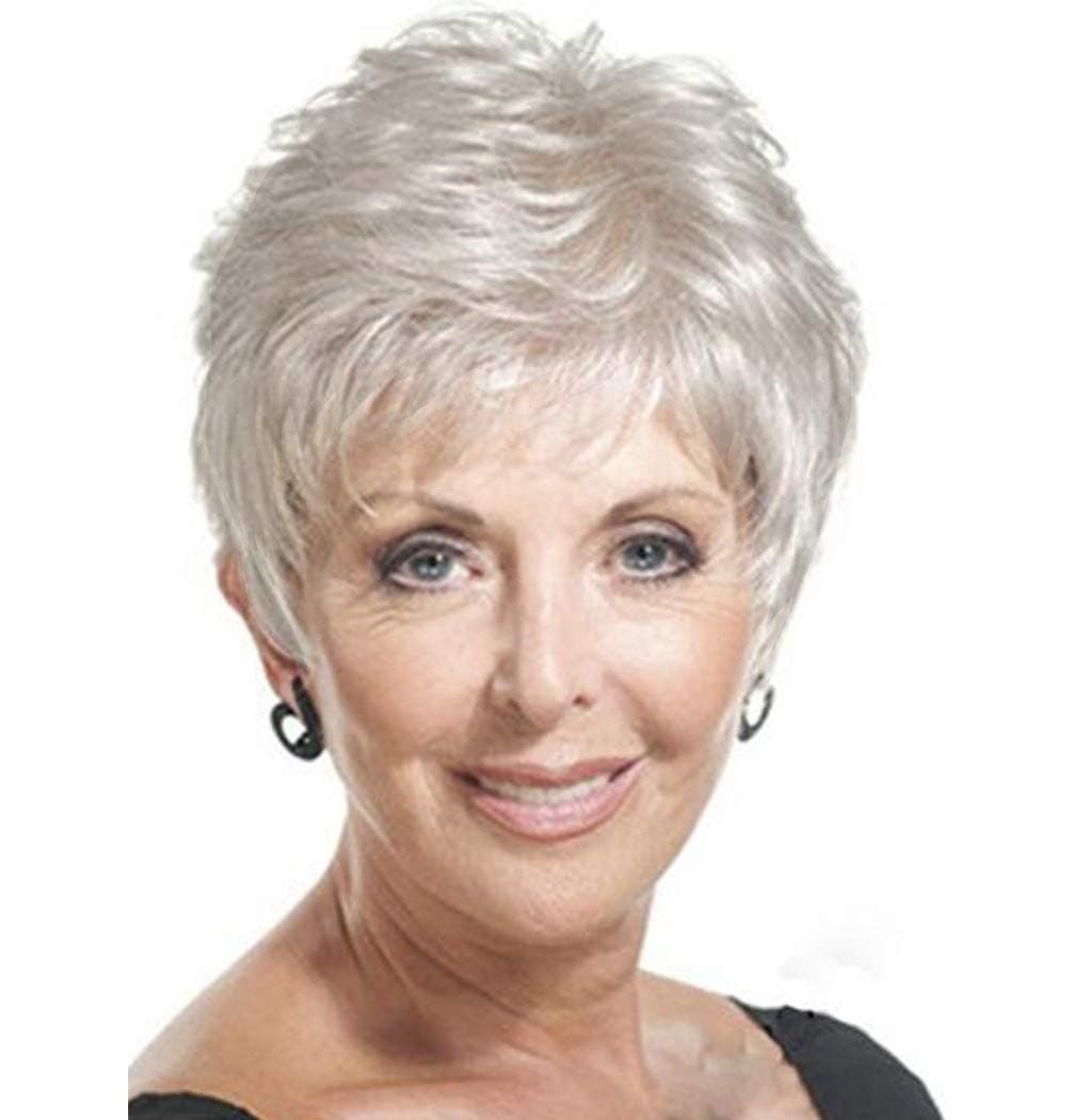 Short White Wigs for Women Synthetic Layered Curly Pixie Wig with Bangs Natural Looking Daily Costume Ladies Wig