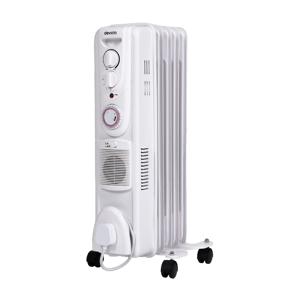 Devola1500W Oil Filled Radiator in White with an Adjustable Heating Dial, PTC Fan Heater, 24 Hour Shutdown Timer, Schedule Timer and Turbo Heating - DVSOR5F15W