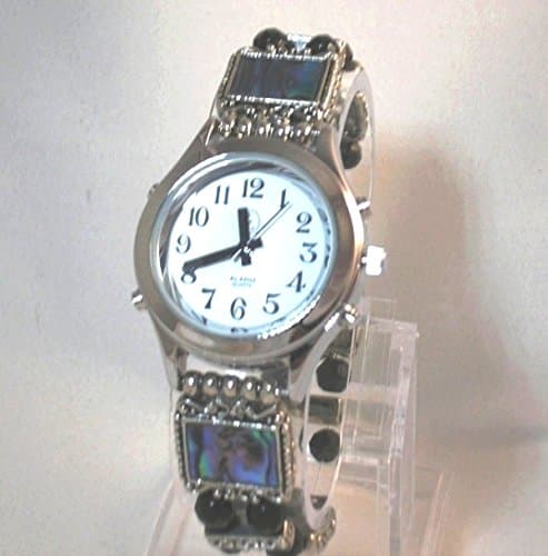 Elegant Talking Watch with Alarm Silver Tone with Abalone Beaded Band