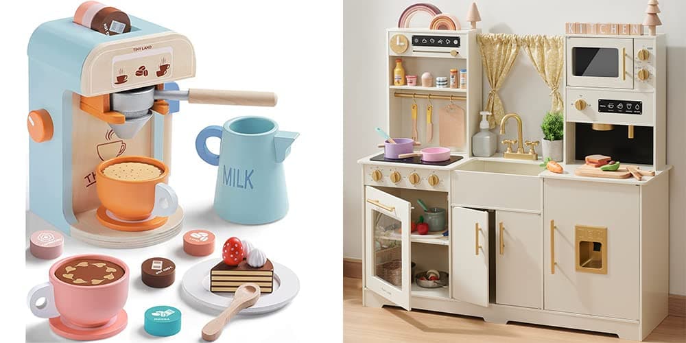 Tiny Land New Modern Play Kitchen for Kids & Kids Coffee Maker Wooden Kit, Toy Kitchen Set with Plenty of Play Features, Gift for Ages 3+