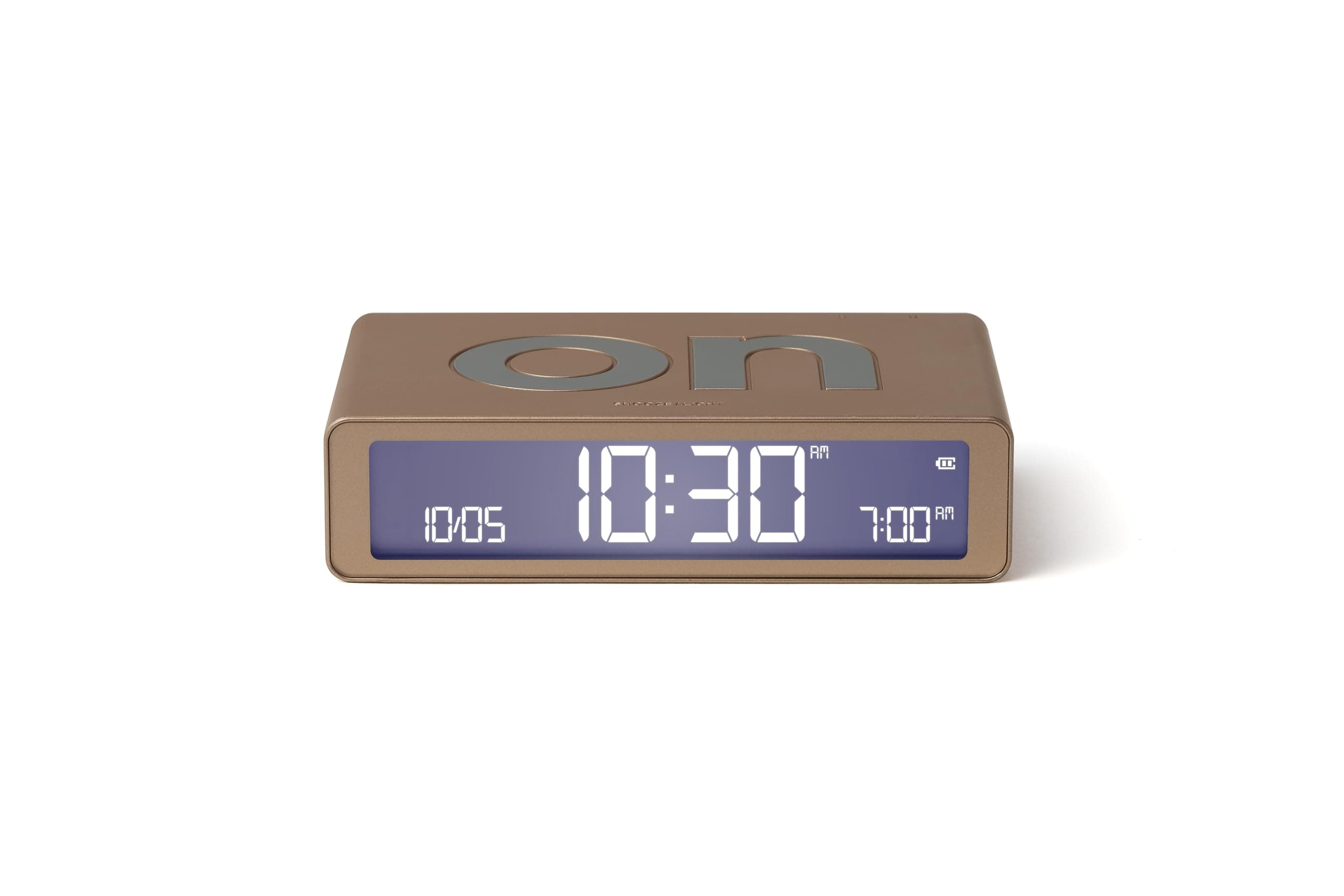 Lexon Flip Classic Digital Alarm Clock with Reversible On/Off Faces, Rechargeable bedside clock with LCD display, Touch Sensor for Snooze & Light function - Soft Gold