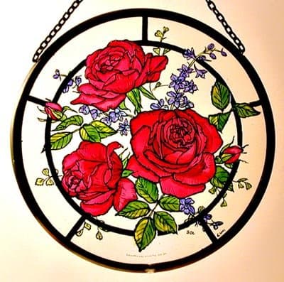 Decorative Hand Printed Stained Glass Window Sun Catcher/Roundel in a Red Roses Design.