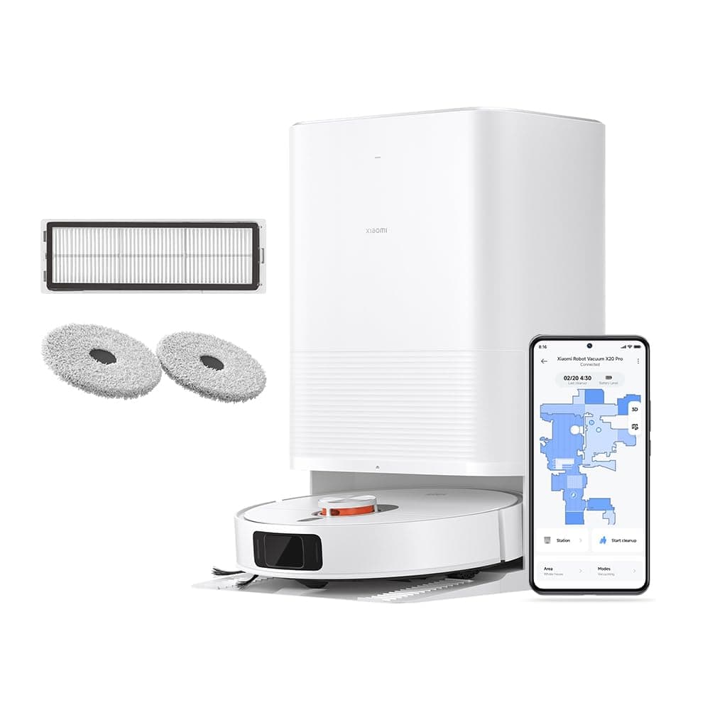 XIAOMI Robot Vacuum X20 Pro, All-in-One Base with auto mop washing, hot air drying, dust collection, 7000Pa suction, extendable mop arm, wide-angle sensing, LDS, 5200mAh battery, voice control.