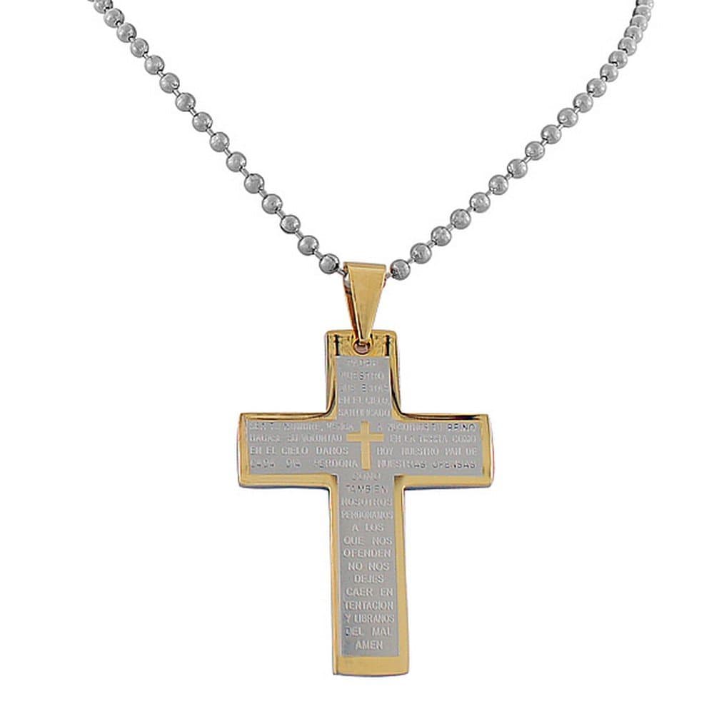 Edforce Stainless Steel Two-Tone Padre Nuestro Lord's Prayer in Spanish Cross Necklace
