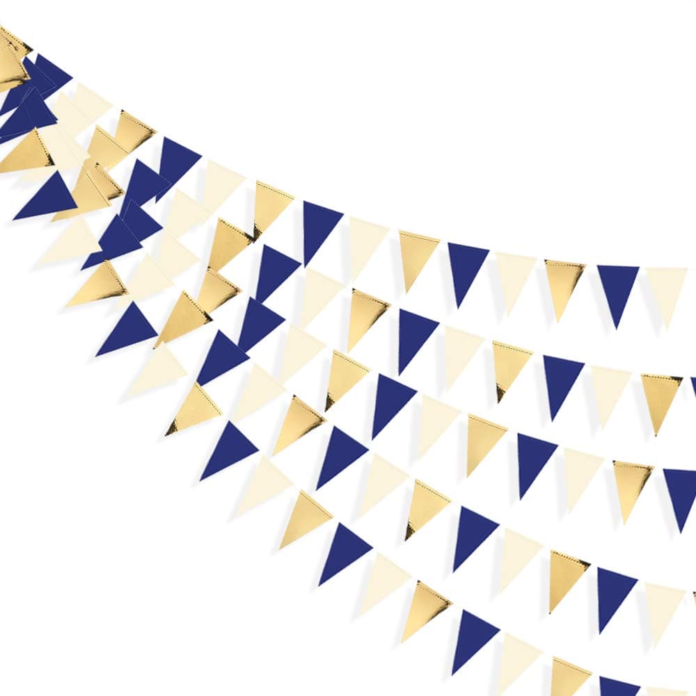 30 Ft Navy Blue Gold Party Decorations Hanging Paper Triangle Flag Pennant Banner Bunting Garland for Bachelorette Engagement Wedding Birthday Bridal Shower Anniversary Hen Graduation Party Supplies
