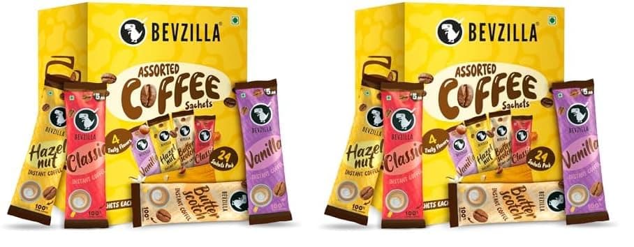 24 Instant Coffee Powder Sachets (24 X2 Gram)| Turkish Hazelnut,Colombian Gold,French Vanilla & English Butterscotch | 6 Sachets Each Flavour| Makes 24 Cups| 100% Arabica Coffee| Strong