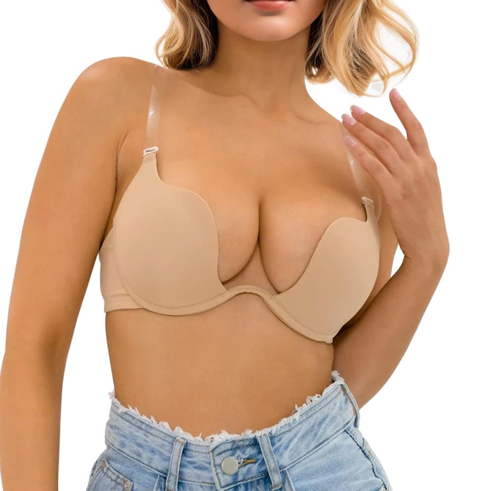 Womens Low Plunge Push Up Bra with Clear Straps Low Cut Convertible Underwire Padded Cleavage Bra