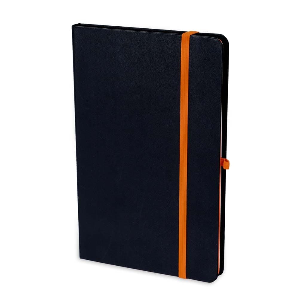 Santhome SUKH A5 Hardcover Ruled Notebook – 192 Pages, Rounded Corners, Bookmark, Pen Loop & Elastic Closure – Elegant Premium Lined Journal/Diary for Work, Study & Travel (Black/Orange)