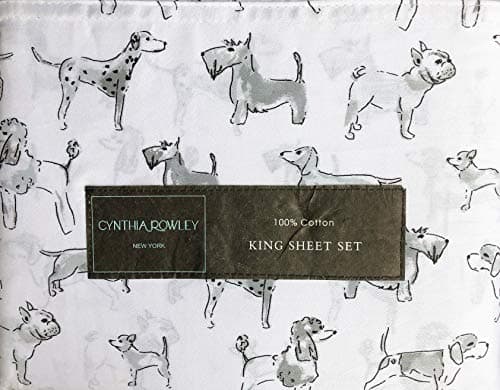 Cynthia Rowley Bedding 4 Piece King Size Bed Sheet Set Gray Dogs Puppies Dalmationas Scotties Poodles in Shades of Gray on White