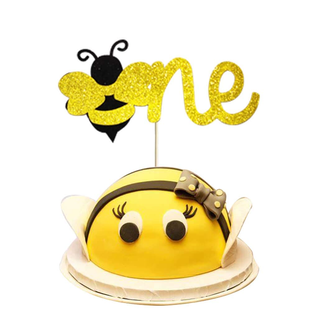 Bumble Bee Cake Topper, Glitter Bumble Bee One Cake Topper for Bumble Bee Gender Reveal Baby Shower Birthday Party Supplies Decorations