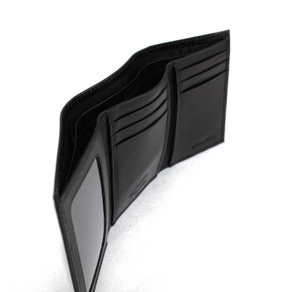 Handcrafted Leather TriFold Wallet (Larger), Horizontal Pockets & Clear ID Window (Black)