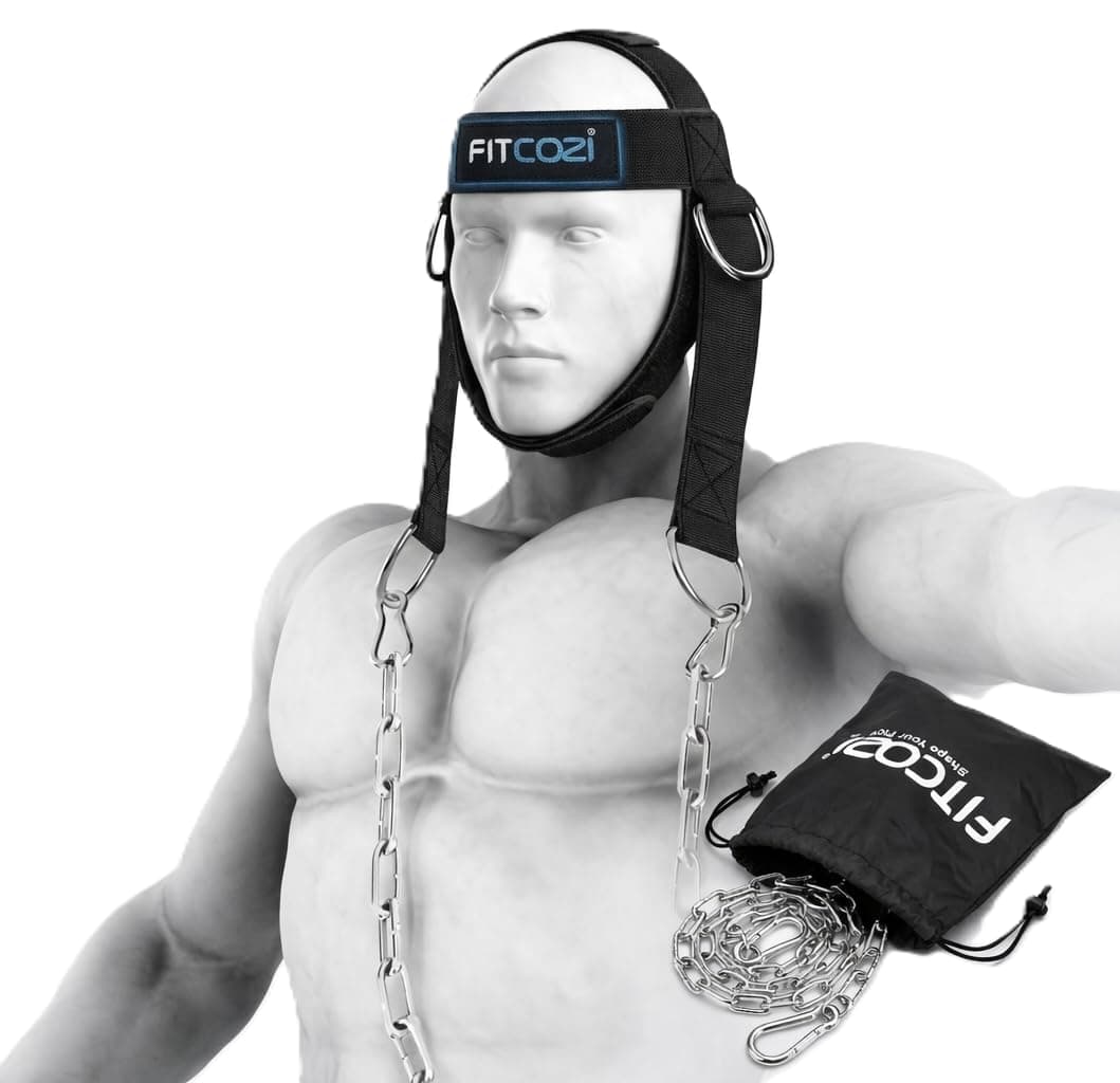 FITCOZI Neck Harness for Weight Training - Adjustable Heavy Duty Head Harness with Steel Chain and Double D Rings for Neck Exercise, Resistance Training and Weight Lifting (Black)