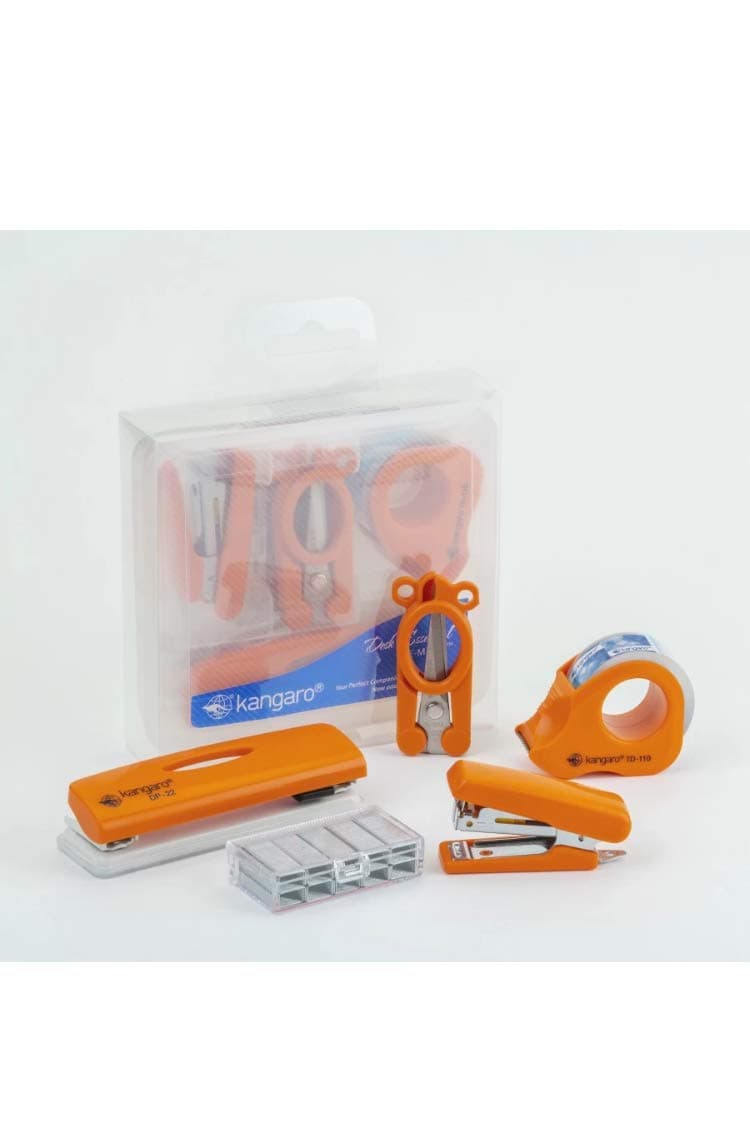 Kangaro Desk Essentials DE-Mini 10 Combo Pack | Stationery Gift Set | Mini Stapler, Staples, Scissors, Tape Dispenser & Paper Punch | Office Combo Set | Orange, Pack of 1 | Color May Vary
