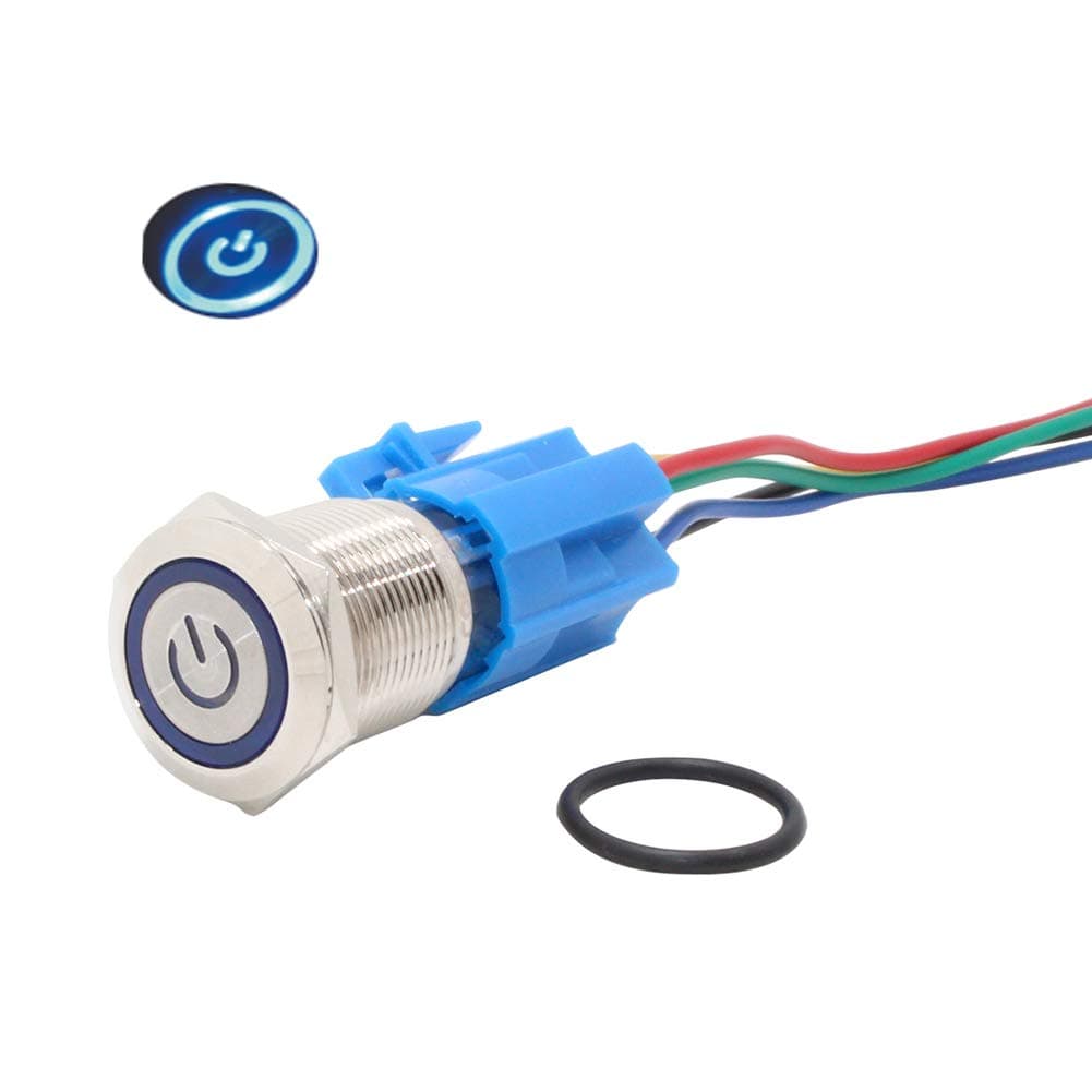 12V On Off Switch Waterproof SPDT Momentary Button Ip67 Switches Momentary Push Button Blue Led Switch 19mm 5A 12 Volt with Socket Plug Wire PBSLM-03 (Blue-Momentary)