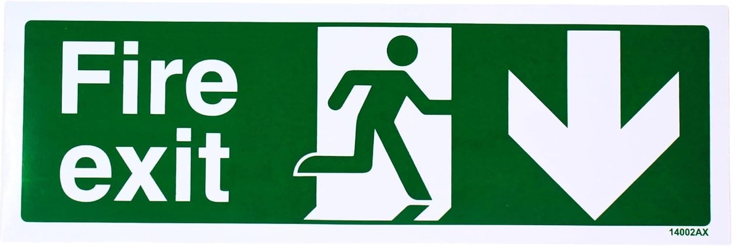 V Safety Fire Exit Arrow Down Sign - Landscape - 300mm x 100mm - 2mm Rigid Plastic, 14002AX-R2