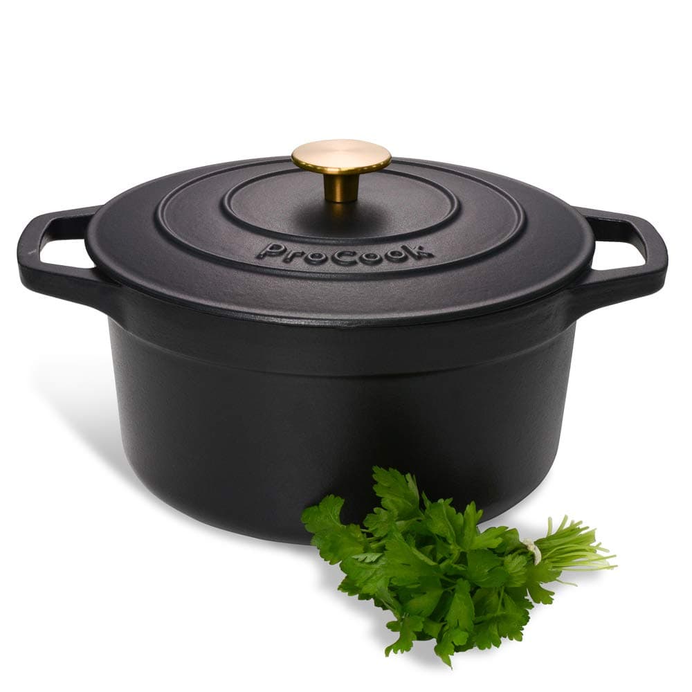 Black Cast Iron Round Casserole Dish with Self Basting Lid Enamel Coated Induction Compatible Modern Classic Cookware - 24cm / 4.7L