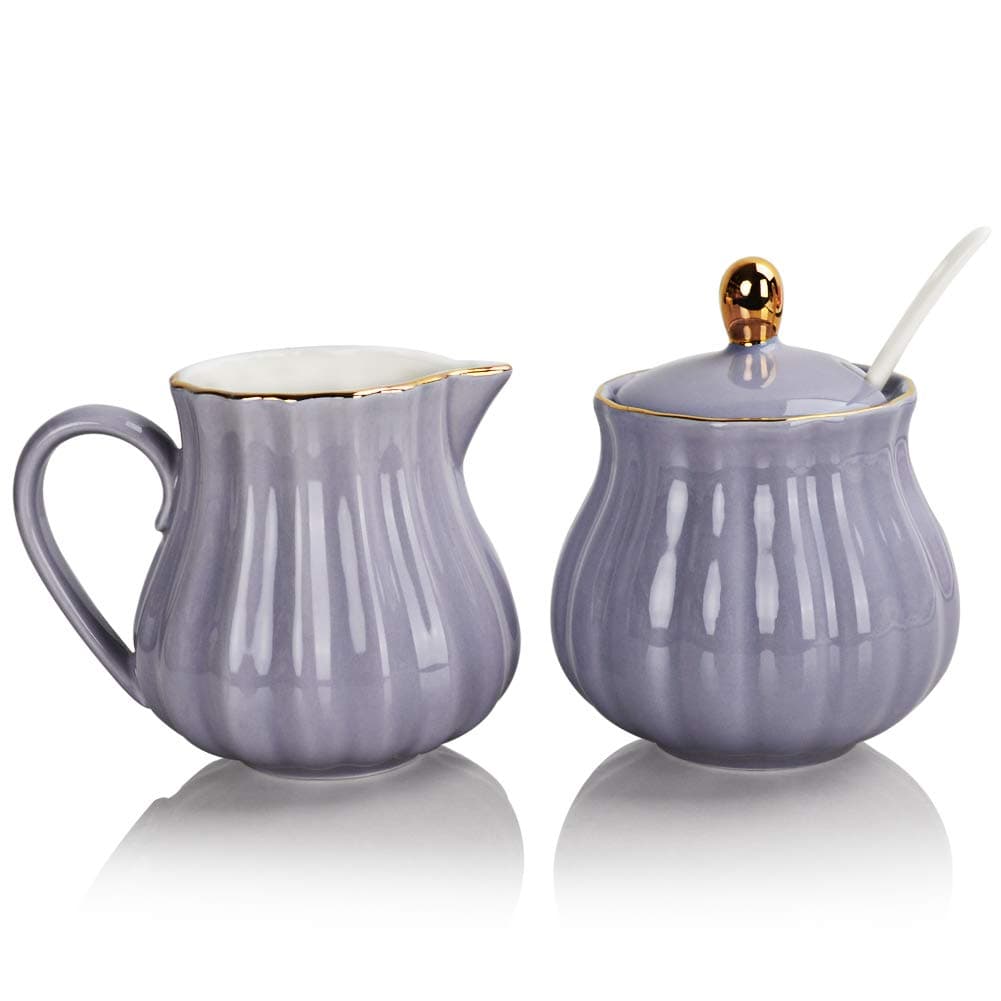 Sweejar Royal Ceramic Sugar and Creamer Set - 3 Piece Coffee Serving Set With Cream Pitcher, Sugar Bowl, Lid & Spoon - Wedding Gift (Purple)