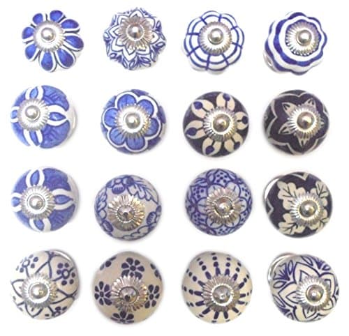 Ageless Azyra (Set Of 16) Assorted Blue Handpainted Ceramic Blue Pottery Door Drawers Knobs