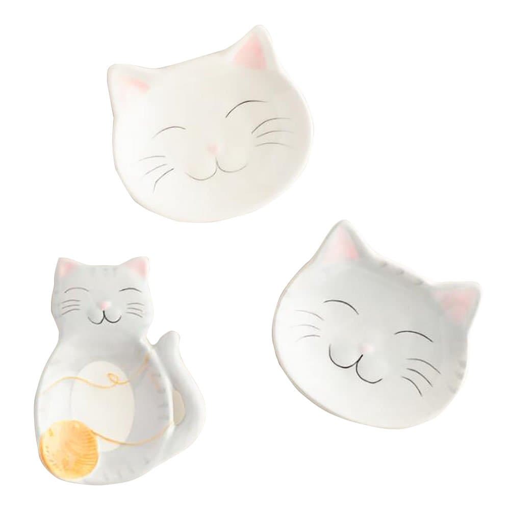 Cat Ceramic Tea Bag Holder - Cat Inspired Set Great as Tea Holders, Spoon Rest or Ring Dish - Coasters, Dipping Dishes or Mini Sauce Plate for Holidays, Birthdays, Christmas- Set of 3