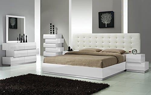 California Tradeworks Modern Spain 4 Piece Bedroom Set Queen Size Bed Mirror Dresser Nightstand White Lacquer Headboard with Leather Like Exterior & Like Crystals Bedroom Furniture