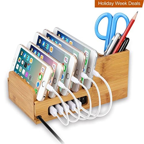 Bienmonde Handmade Bamboo Multi-Device Charging Station Stand Docks Desktop Organizer for Anker RAVPower Powered 4/5/6-Port USB Charger for iPhone iPod iPad Samsung Kindle Universal Smart Phone Tablet