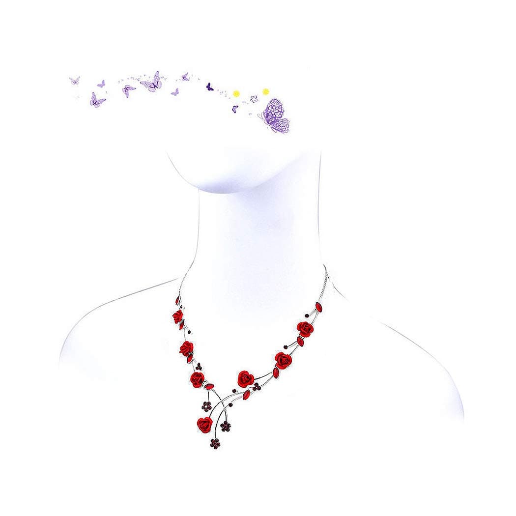 Elegant Rose Necklace with Red Austrian Element Crystals and Crystal Glass
