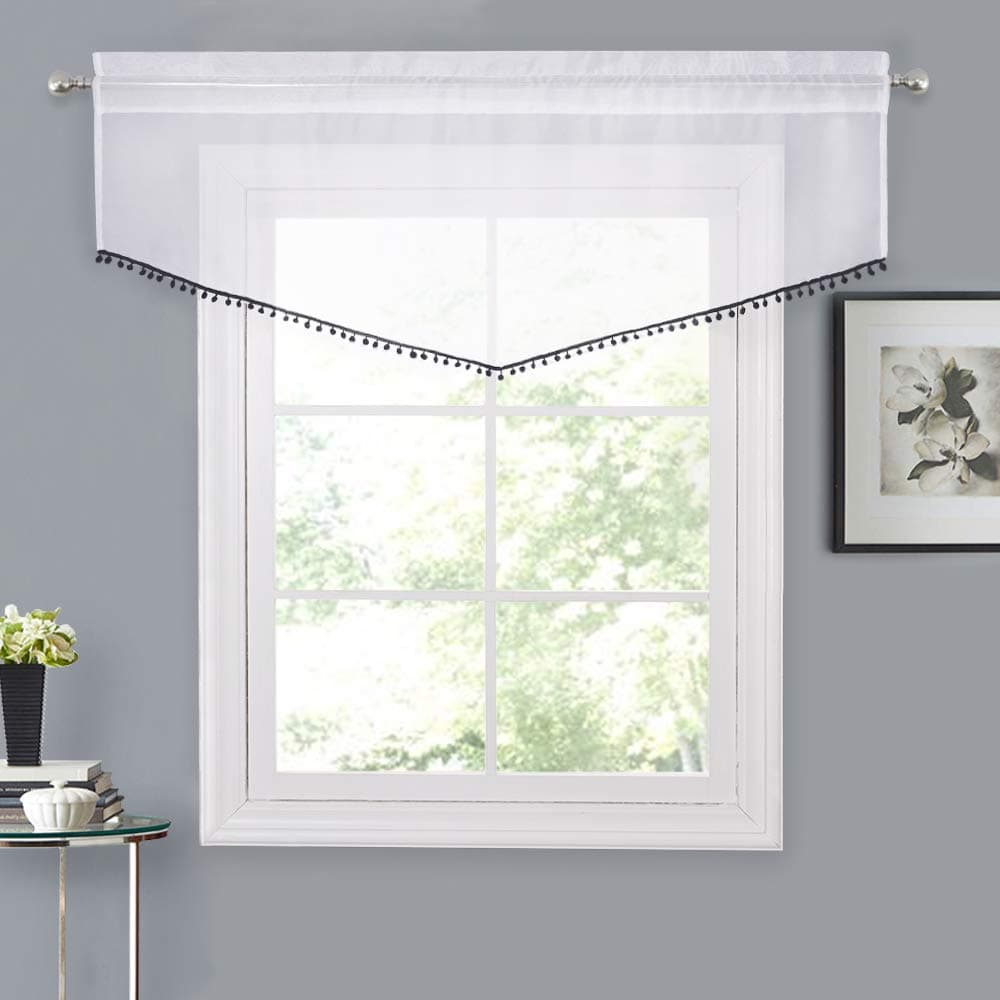 NICETOWN Bordered White Sheer Valance - Voile Drape with Black Pom-Pom Ascot Design Window Curtain for Cafe Decor (White Sheer + Black Pompoms, 54" x 20", Sold by 1 Panel)