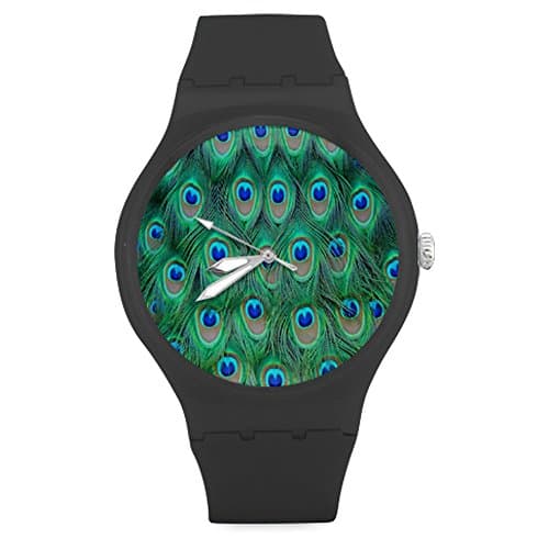 Durable Peacock Feather Pattern Unisex Round Rubber Sport Quartz Watch,Watch Face Diameter: 1.58"