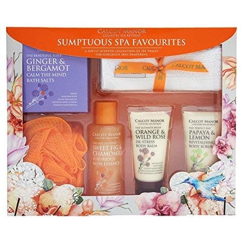 Calcot Manor Bath and Body Spa favourites gift set including hand and body lotion, bath salts, body scrub, shower and bath gel, a luxury wash cloth and a luxury body puff