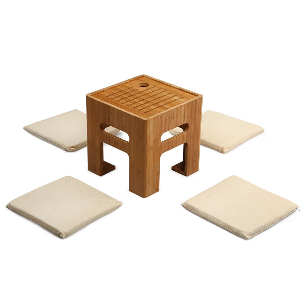 SMAGREHO Tatami Tea Table Bamboo Stool Coffee Table with 4 Cushions for Bay Window, Balcony and Living Room