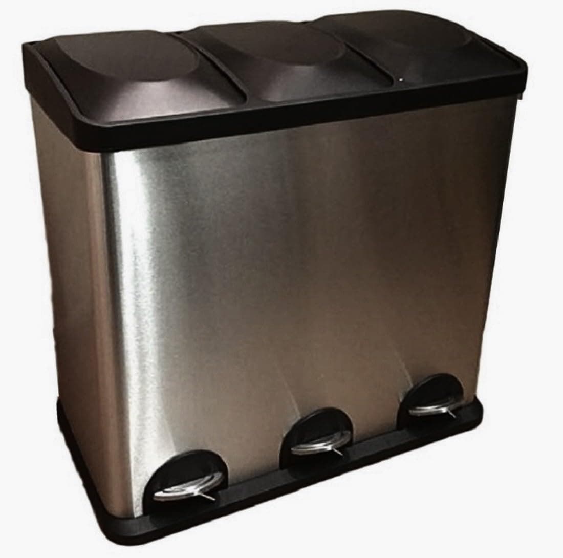 60Liter Recycling Trash Can Combo, Metal, Silver, 3 Bin XL Three Way Indoor Container Station Organizer, Heavy Duty, Rustproof, Portable, Dispenser