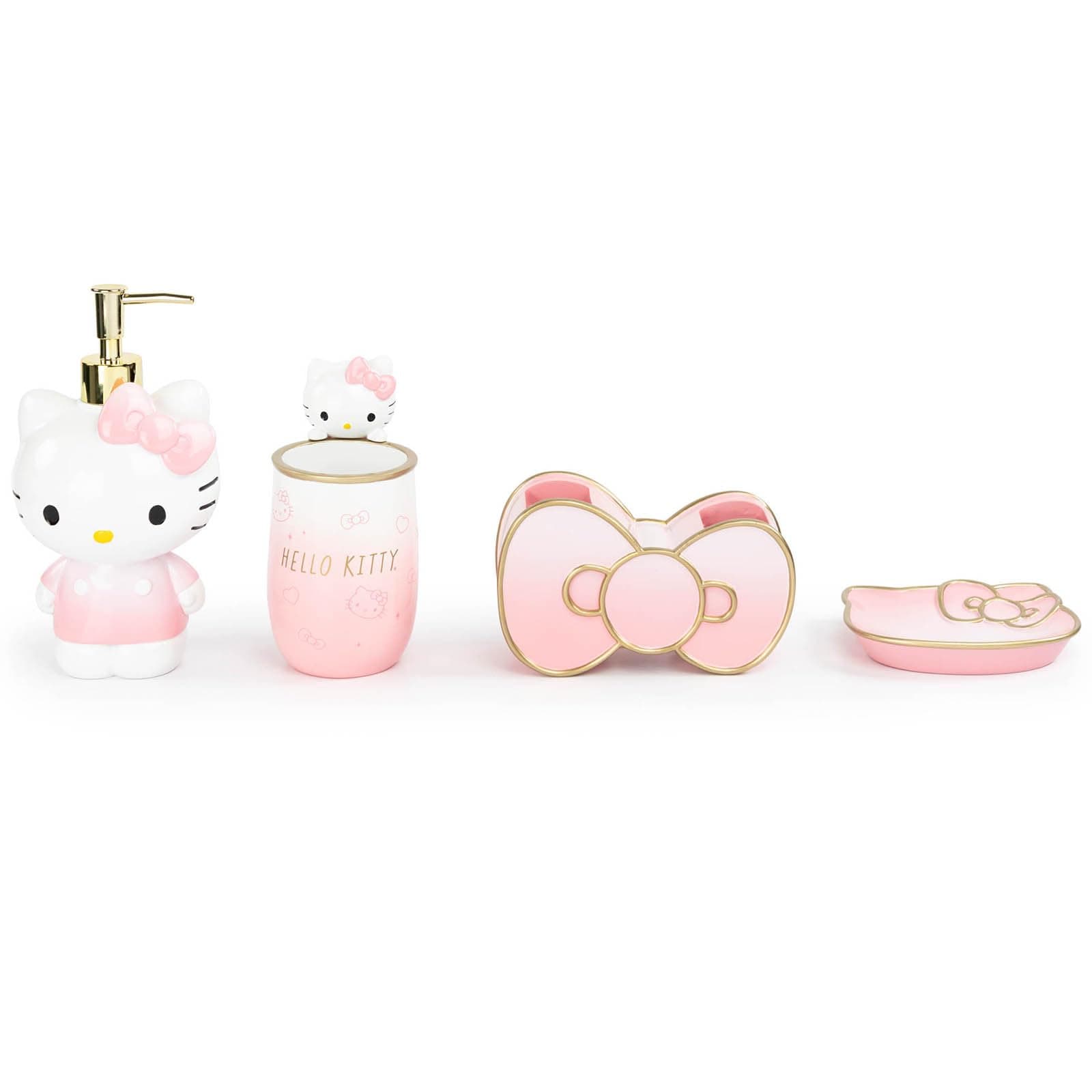 Jay Franco Hello Kitty 4 Piece Bathroom Accessories Set - Pink Resin Soap Dispenser, Toothbrush Holder, Soap Dish, Tumbler - Sanrio Kawaii Bathroom Decor