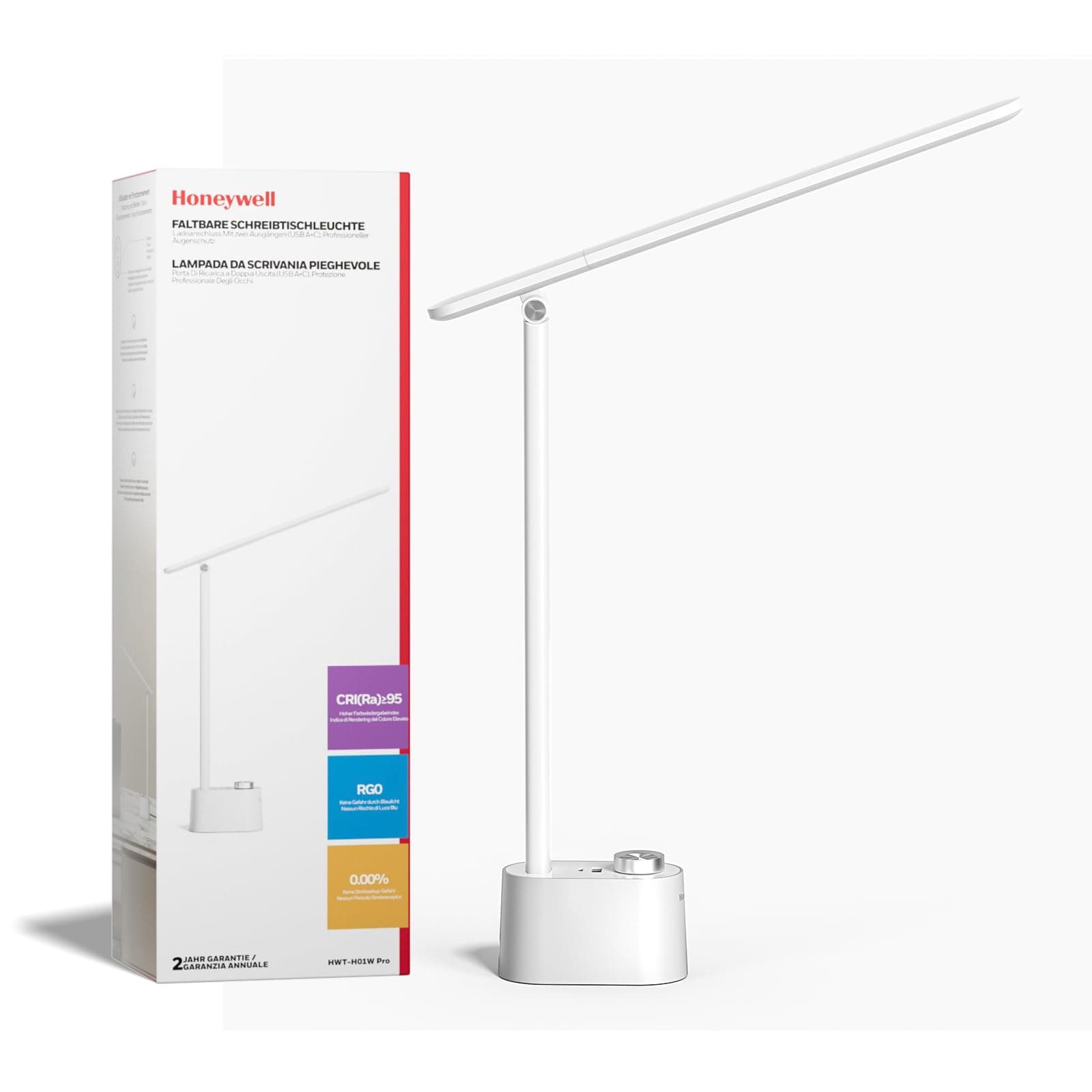Honeywell Upgraded LED Desk Lamp - H01 Pro Sunturalux™ Foldable Desk Light with USB A+C Charging Port, 3 Color Modes Dimmable Table Lamp for Home Office Reading White
