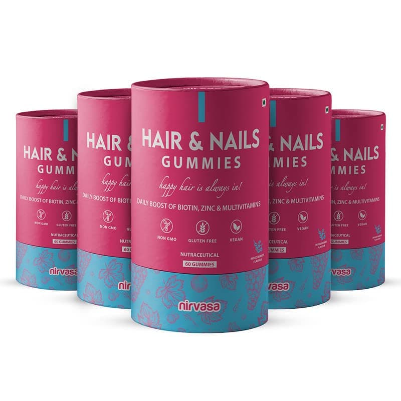 Nirvasa Hair & Nail Gummies with Biotin | Helps Keep Hair, Nail, Skin Healthy & Nourished | Ideal Supplement for Men & Women | Sugar-Free I Mixed Berries Flavoured - 60 Gummies Set of 5