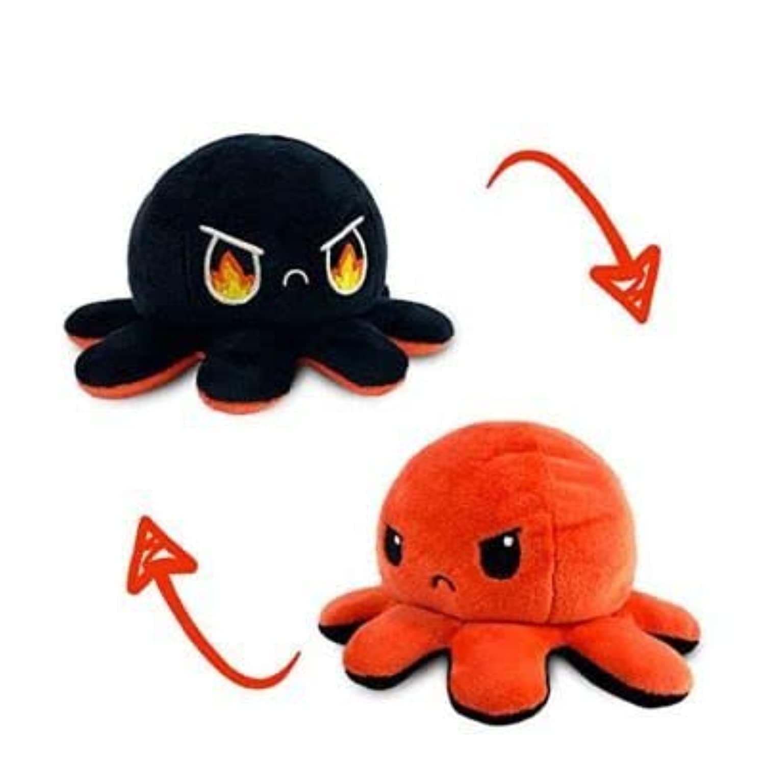 Grab Mantra Reversible Octopus Plush Double-Sided Flip Stuffed Animal Mood Plush Soft Toy Without Saying a Word as A Gift For Kids & Adult or for Decoration |Angry + Rage | (Orange+ Black)
