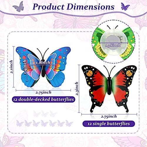Honoson 24 Pieces 3D LED Butterfly Decoration Butterfly Night Light Sticker Single and Double Wall Light for Garden Backyard Lawn Party Festive Party Nursery Bedroom Living Room