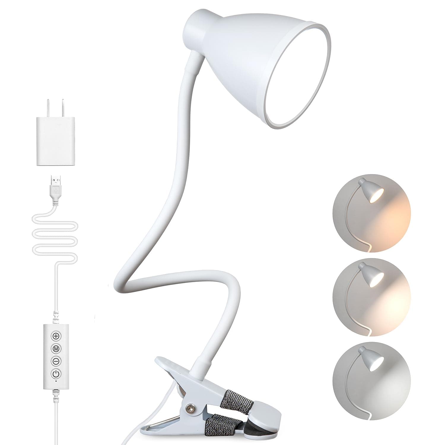 BOHON Clamp Lamp Reading Light 5 Color Modes 10 Brightness Dimmer Bedside Lamp 10W 38 LED Desk Lamp with Auto Off Timer 360° Flexible Gooseneck Clip on Light for Bed Office, Adapter Include, White