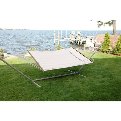 Quilted Fabric Double Hammock with Pillow - Orange/Red Striped