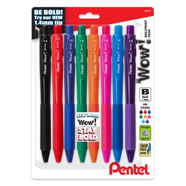 Wow! Retractable Ballpoint Pen, (1.4mm) Bold Line, Assorted Ink Colors, 8 Pack (BK444BP8M)