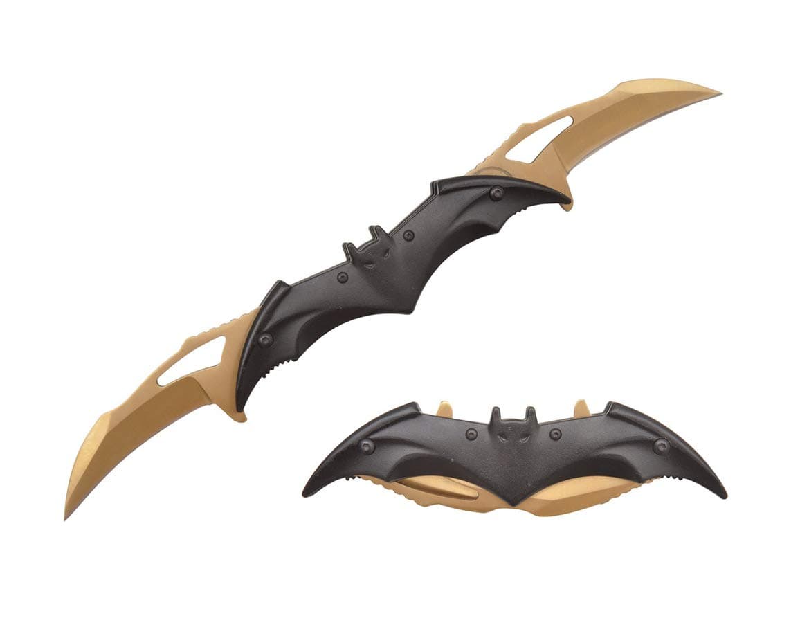 Dark Knight Twin Blade Knife - Pocket Folding Spring Assisted Dual Blades Bat Knives With Belt Clip (Black-Gold)